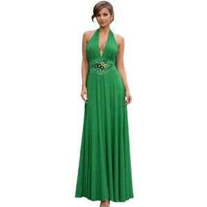 VTG 70s Goddess Boho Green Halter Maxi Dress Plunging Neckline Embroidered Waist